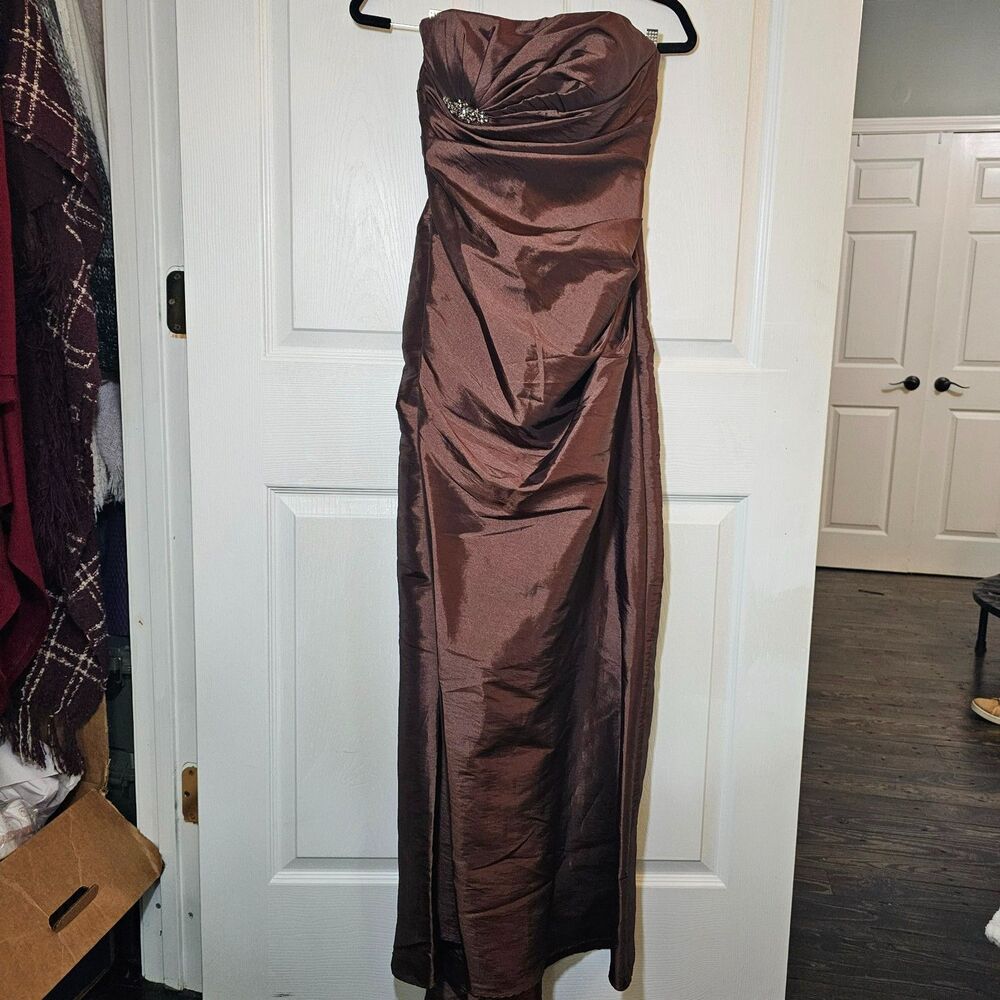 Women's Juniors Dark Brown Strapless Taffeta Evening Prom Wedding Gown Size 6